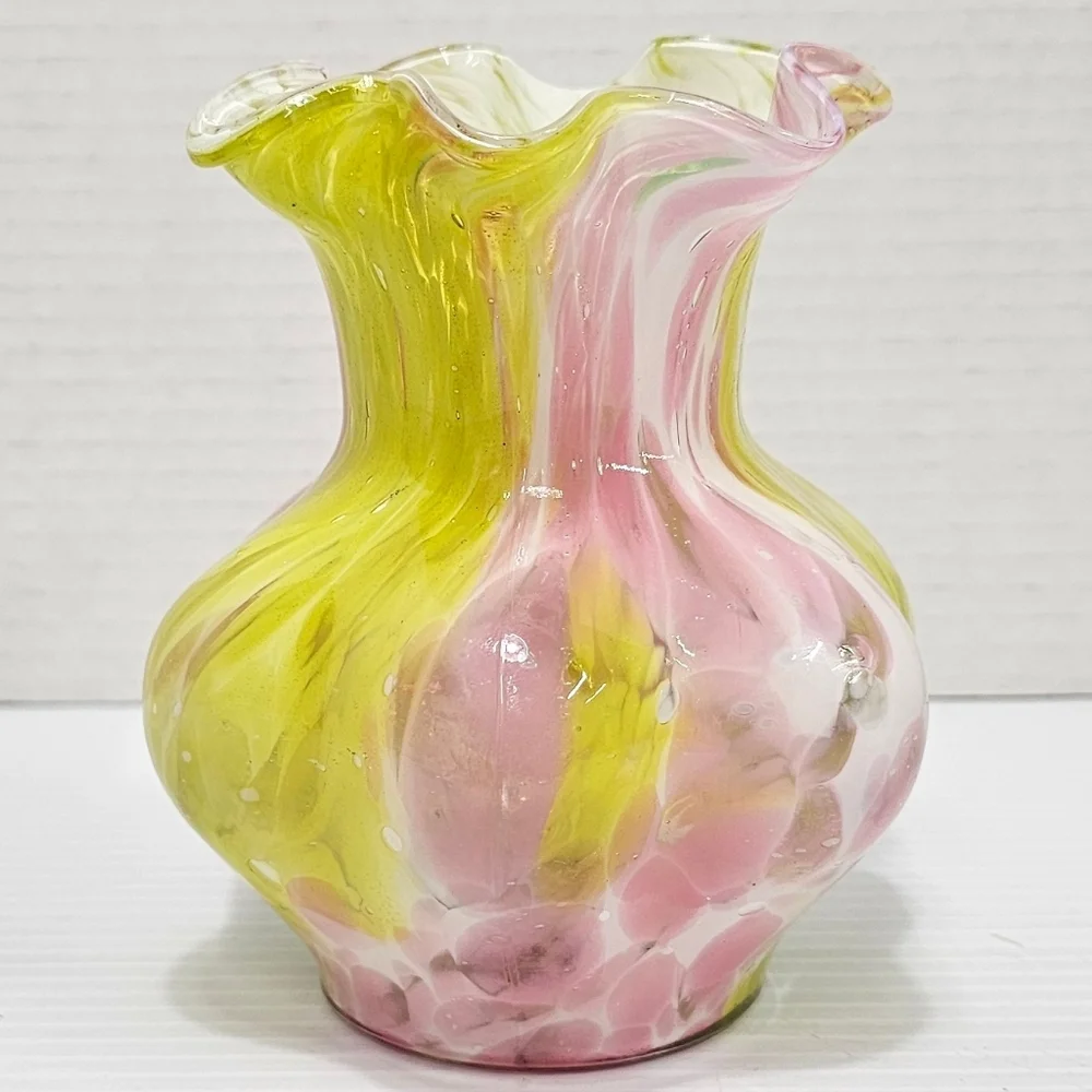 Blown Glass Pink & Yellow Swirl Decorative Vase With Ruffled Edges Unbranded